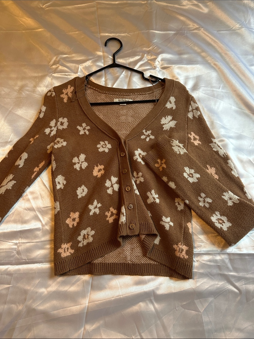 American Eagle Outfitters Brown Floral Button-Front Cardigan with Cream Flowers